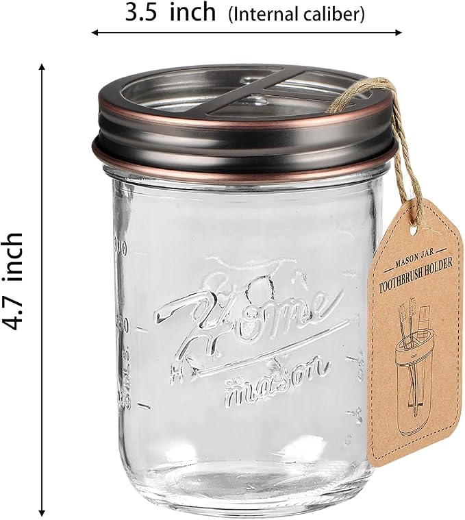 SheeChung Mason Jar Toothbrush Holders, Farmhouse Toothpaste Organizer, 1Pc | Oil Rubbed Bronze Glass Electric Tooth Brush Holder, Bathroom Countertop, Removable Stainless Steel Lid, Rustic Vintage Decor