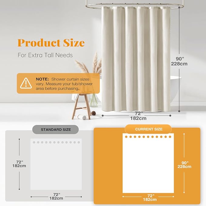 Linen Textured Waterproof Fabric Shower Curtain, 72x90, Light Cream | Heavy Duty Polyester Cloth, 12 Plastic Hooks, Quick-dry, Elegant Drape, Modern Hotel Style, Bathroom Decor, Machine Washable