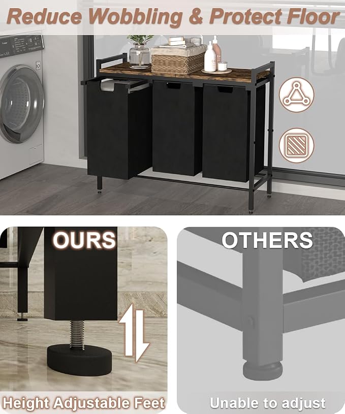 10 x 3 Gal Large Laundry Hamper, Rustic Brown and Black | Freestanding Clothes Basket Organizer with 3 Pull-Out & Removable Sorter Bags for Clothing or Toys in Bathroom & Living Room