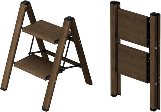 Taranta 2 Step Stool Foldable,Aluminum Step Ladder-Walnut | Lightweight,Wide Anti-Slip Pedals,Folding Step Stool,330lbs Capacity Stepladder for Household,Kitchen,Office