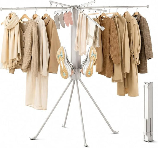 Multi-Functional 4-Leg Clothes Drying Rack, Large Capacity Foldable & Collapsible Laundry Rack, Portable Indoor Outdoor Drying Rack with Sock Clips & 4 Shoe Holders, Space Saving Stand