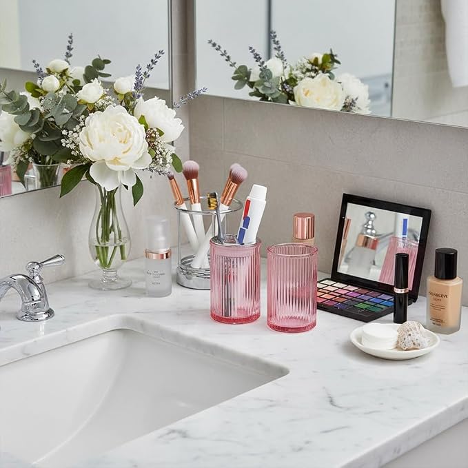 Pink Toothbrush Holders for Bathrooms, 2pcs Glass Toothbrush Holder and 12oz Bathroom Tumbler Cup Set, Silver Tooth Brush and Toothpaste Organizer for Bathroom Vanity Countertop