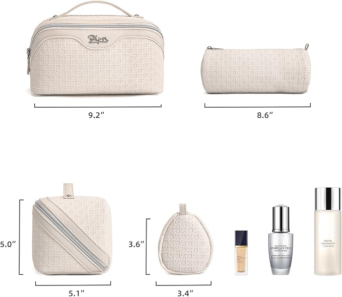 BOYATU Travel Makeup Bag Cosmetic Bags for Women: 3 Pcs Set Make up Bag | Large Capacity Waterproof Vegan Leather Organizer Bags with Compartments - Lay flat Toiletry with Handle (M-72Off-white)