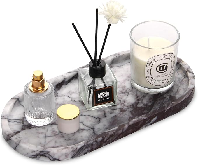 Oval Marble Bathroom Vanity Tray, Lilac, 12" x 6" x 0.8" | Natural Luxury Marble, Home Kitchen Bathroom Table Tray, Stone Decorative Countertop Tray, For Coffee Perfume Jewelry