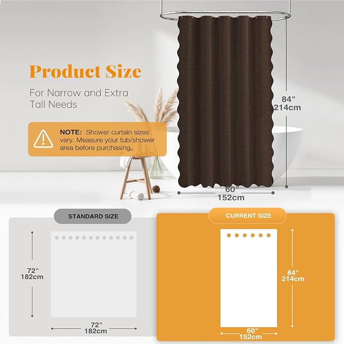 Boho Scalloped Linen Textured Cloth Shower Curtain Set, 60x84, Brown | Narrow Long Size, 230GSM Waterproof Polyester, Heavy Duty Fabric, 10 Plastic Hooks, Modern Farmhouse Style, Machine Washable