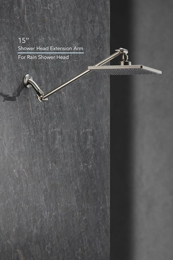 15 Inch Extra Long Adjustable Shower Head Extension Arm With Locking Set Screw, Singing Rain 304 Stainless Steel Angle Height Adjustable, G1/2 Universal Connector Compatible (Nickel Brushed)