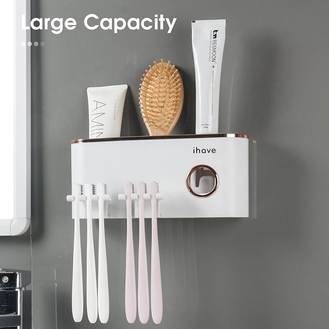 iHave Toothbrush Holders for Bathrooms Wall Mounted with Dispenser & 2 Cups | 6 Slots Wall Mount Toothbrush Holders for Bathrooms with Squeeze Toothpaste Dispenser, 2 Cups & 2 Compartments Organizer