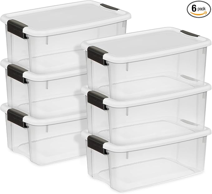 Sterilite 18 Qt Ultra™ Latch Box, Durable Clear Storage Bin w/ Lid, 6 Pack | Heavy-Duty and Stackable Plastic Containers with Latches for Closet, Cabinet, Bedroom, Bathroom and Dorm Room Organization