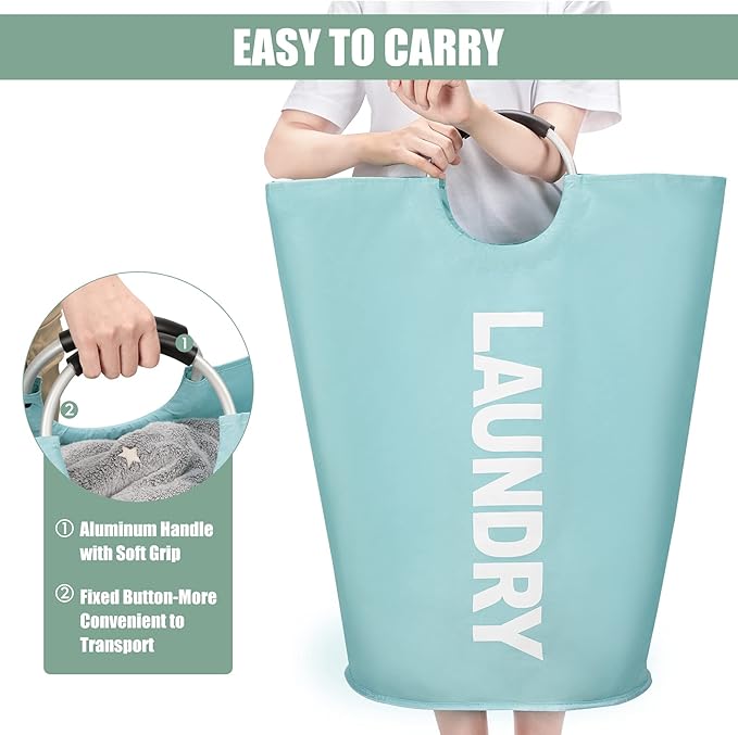 DOKEHOM 125L X-Large Collapsible Washing Laundry Basket Bag (7 Colors) for Bedroom, Fabric (Light Blue, XL) | Freestanding tall washing bin & foldable laundry bag. Extra large clothes storage basket with durable sturdy handles