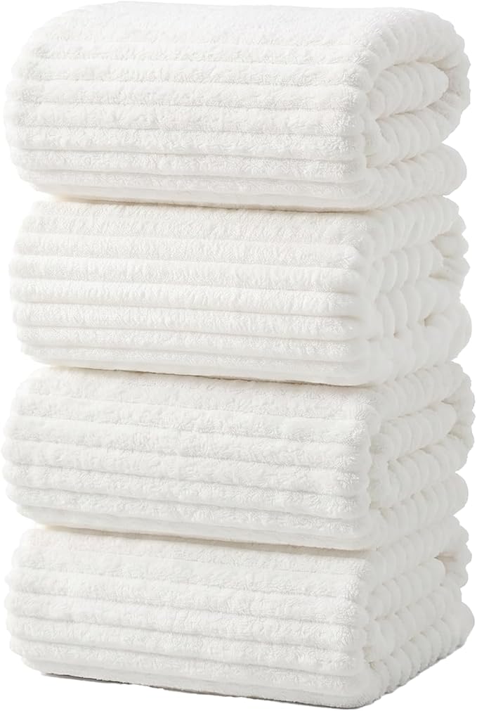 4 Piece Bath Towels, 30"x60" Microfiber Towels Set, White | Large Bathroom Towels, Soft Touch, Highly Absorbent, Quick Dry, Lint Free, Long-Lasting, Family Use, Guest Bath & Daily Use