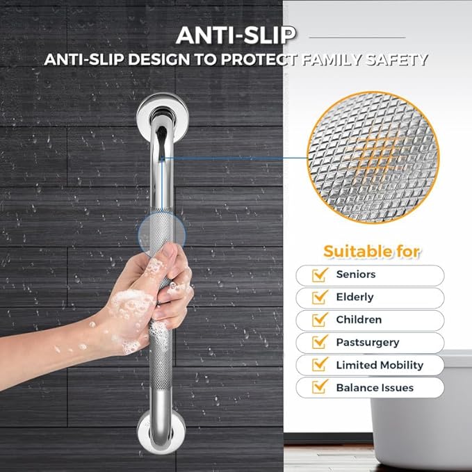 Grab Bars for Shower, 18 Inch Shower Handle, 2 Pack, Polished Nickel | Grab Bars for Bathroom, Stainless Steel, Anti-Slip Textured Grip, 1-Inch Diameter, Wall-Mounted Safety Support for Seniors