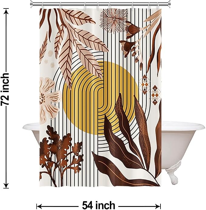 Boho Brown Shower Curtain for Bathroom 54x72 Inch | Waterproof Abstract Tan Floral and Leaves Shower Curtain Set with Hooks, Mid Century Bathroom Decor