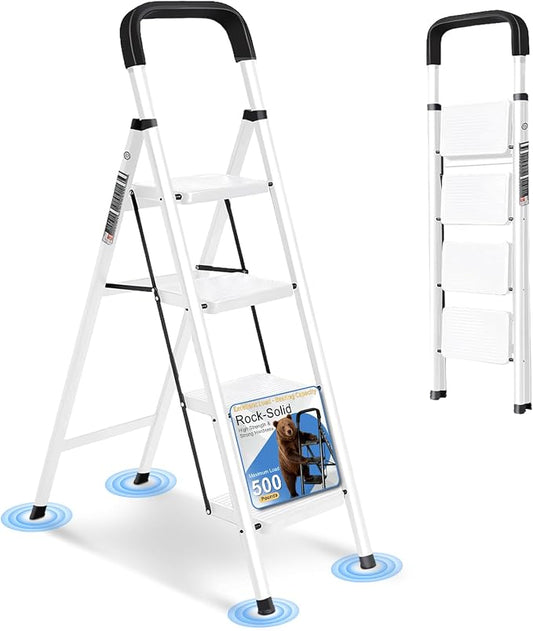 4 Step Ladder Folding Step Stool with Handrail | 500LBS Capacity Sturdy Carbon Steel Frame Anti-Slip Pedal & Feet Portable for Home Kitchen Garage Bathroom (white-4step)