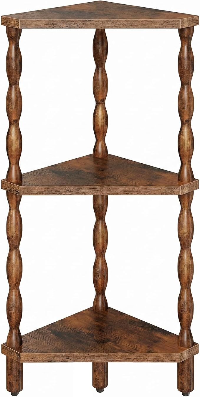 HOOBRO Corner Shelf, 3-Tier Wooden Corner Bookshelf for Small Space, Stylish Corner Storage Display Shelves for Living Room, Kitchen, Office, Rustic Brown FG193CJ01