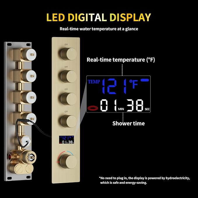 AYIVG Brushed Gold 4 Function Dual Shower Heads System Multi Functions 16 X 26 Inch Rainfall and 8 Inch Wall Mount with 6 Jets Full Body Shower System Set with Handheld shower head