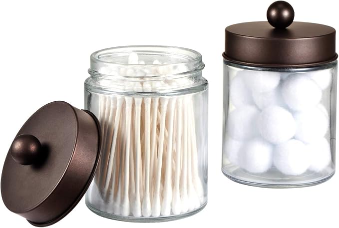 Amolliar Glass Apothecary Jar Qtip Holder Metal Lids 4pc/Bronze | Bathroom Decor Countertop Vanity Storage Organizer Set for q tip holder,Cotton Swabs/Rounds,Makeup Sponges,Cute Stickers