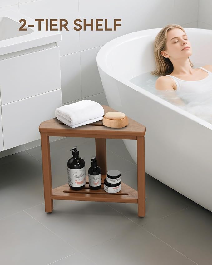 Teak Shower Foot Rest 15in, HDPE Waterproof Shower Stool for Inside Shower, Corner Shower Stool for Shaving Legs with Storage Shelf for Small Space, Shower Step Stool, Plastic Corner Shower Bench