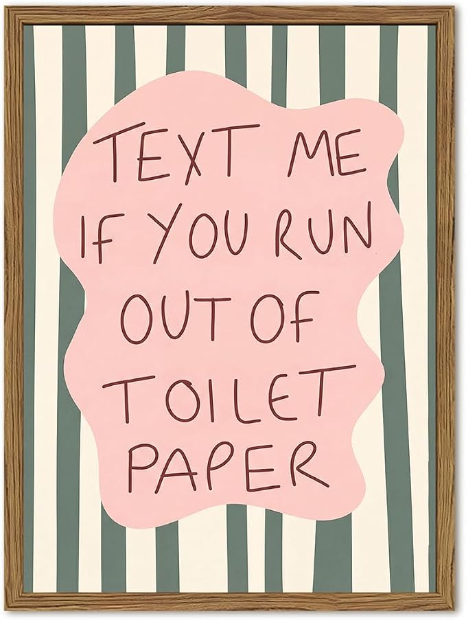 Funny Bathroom Quote Sign Wall Art Text Me If You Run Out of Toilet Paper Bathroom Wall Decor Cute Stripe Quotations Restroom Poster Canvas Print Picture 16x24 inch Wood Framed
