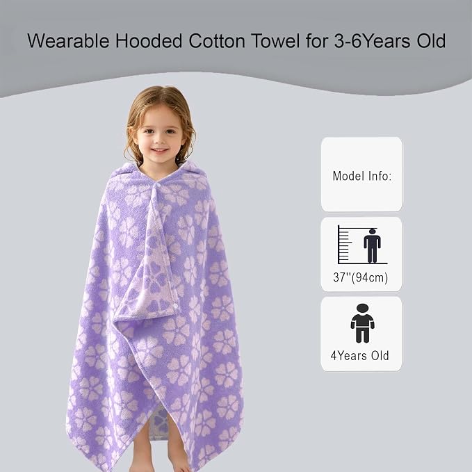 VOOVA & MOVAS Kids Hooded Towel, 3-6 Years, 100% Cotton, Purple Floral | Floral Jacquard Pattern, Quick Drying Texture, Strong Water Absorption, Suitable for Bath, Pool, Swim and Beach Trips