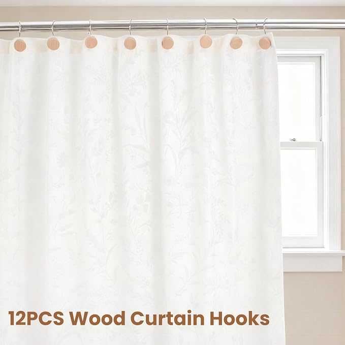 Wood Shower Curtain Hooks Rust Proof, Boho Shower Curtain Hooks Decorative, 12 Pack Shower Hooks for Shower Curtain, Shower Curtain Hangers Hooks (Wood,12)