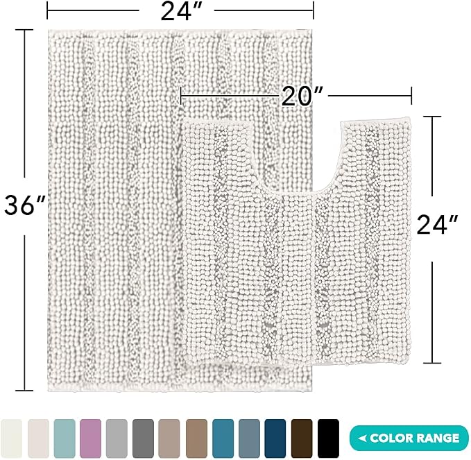 Turquoize Chenille Bathroom Rugs Set Non-Slip Bath Mats for Bathroom Super Absorbent Shaggy Rugs for Tub Shower Toilet Plush Bath Rug Plus U Contour Rug (Oversized: 24" x 36" and 20" x 24" U), Ivory