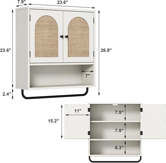 RUSTOWN Rattan Bathroom Wall Cabinet, Boho Medicine Cabinet with 2 Doors | Arched Doors, Farmhouse Over The Toilet Storage Cabinets, Adjustable Shelves, Towel Bar, 3-Tier Wall Mounted Cabinets