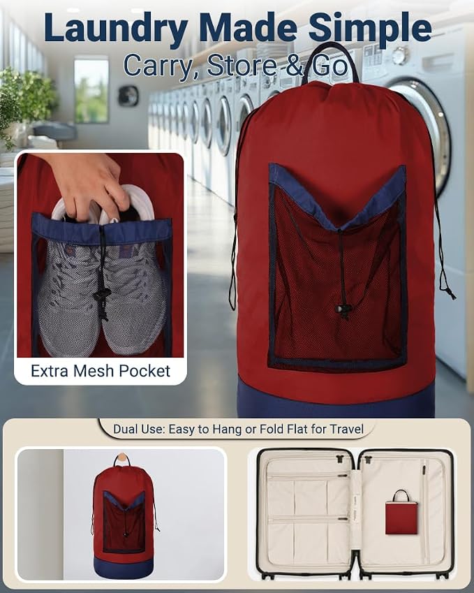 Laundry Bag with Shoulder Straps and Mesh Pocket Laundry Backpack Large Portable Laundry Hamper for College Laundromat Apartment