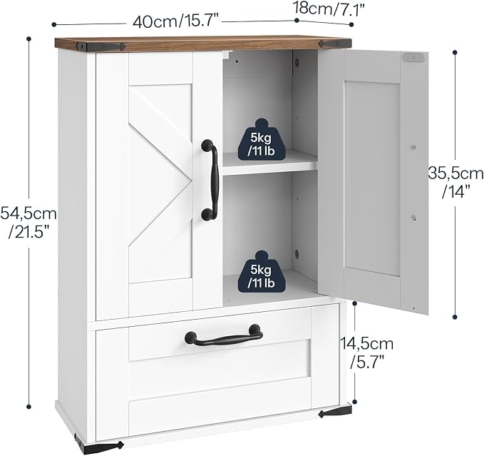 HOOBRO Farmhouse Wall Mounted Cabinet with Adjustable Shelf, Medicine Cabinet with Flip-Down Door, Over The Toilet Bathroom Organizer, for Small Bathroom, Kitchen, White and Walnut
