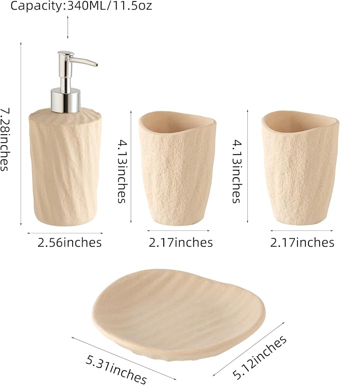 Bathroom Accessories Set, 4 PCS Modern Stone Texture, Yellow | Minimalist, Resin, with Liquid Soap Dispenser 11.5 OZ, Tumblers, Toothbrush Holder, Bar Soap Tray, For Countertop Sink