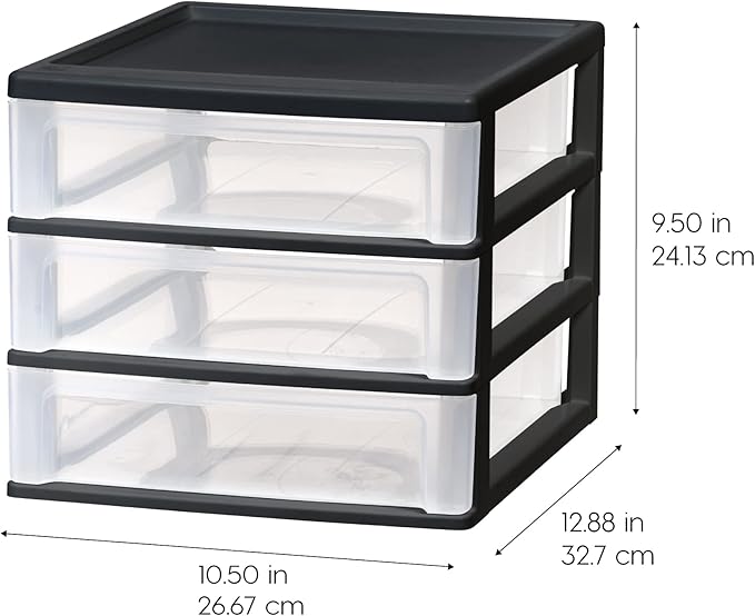 IRIS USA 3-Drawer Medium Plastic Stacking Desktop Organizer, Black | Keep dorm desks organized with drawers for school supplies, makeup, snacks, chargers and everyday college essentials