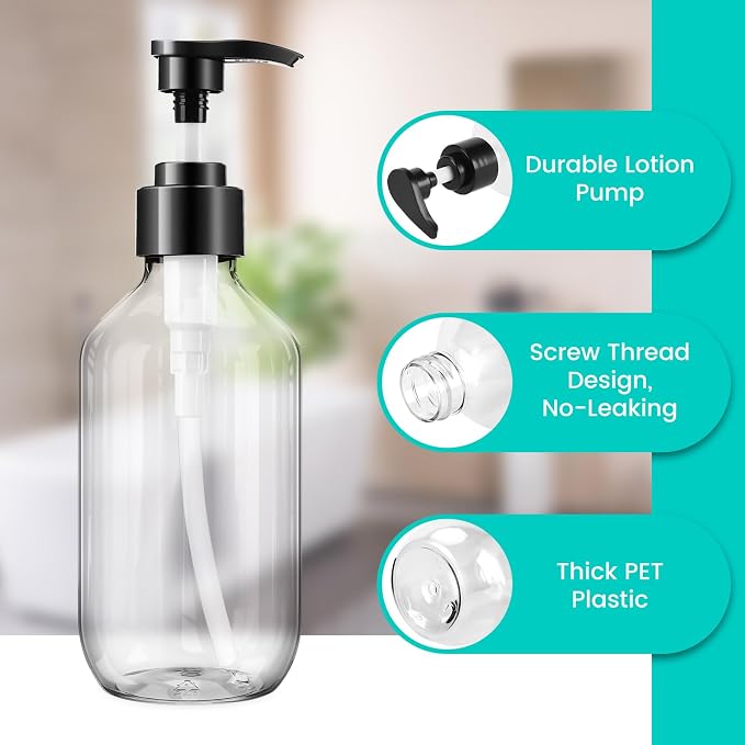 Teyssor Pump Bottle Dispenser Clear 2 Pack 500ml/16.9oz Empty Plastic Liquid Soap Dispensers, BPA-Free Refillable Container for Essential Oil Shampoo Lotion