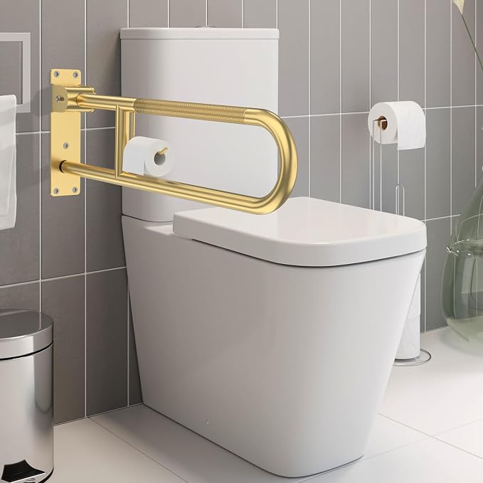 Toilet Grab Bar 32 Inch, YuanDe Flip Up Grab Bar with Paper Holder | Brushed Gold Anti-Slip Safety Bars for Toilet, Stainless Steel Knurled Toilet Handles for Seniors Disabled Elderly Pregnant