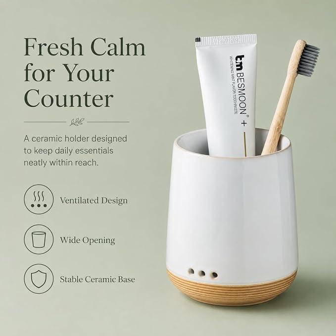 LYEOBOH Ceramic Toothbrush Cup, Cute Toothbrush Holder with Drainage,White | Farmhouse Tooth Brush Holder for Bathroom, Countertop Toothbrush Organizer, Electric Toothbrush Storage for Kids & Family
