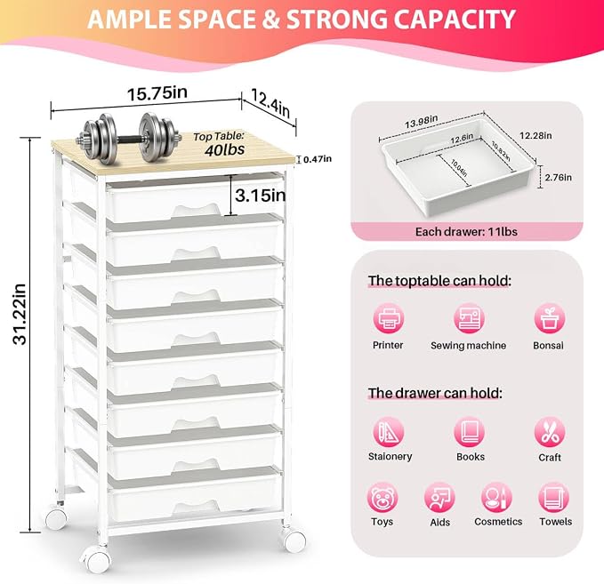Goovilla Rolling Cart with 8 Drawers for Art, Dorm, Office, Craft, White | Utility Cart Organizer With 8 Removable Drawers and Wooden Tabletop, Lockable Rolling Storage Organizer for Classroom, Home