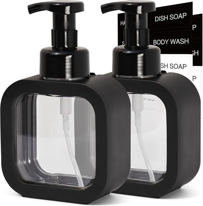 Foaming Soap Dispenser, 2 Pack 300ml (10oz) Plastic Refillable Foaming Hand Soap Dispenser with 16 Pcs Waterproof Labels, Foam Pump Bottle for Bathroom and Kitchen (Black)