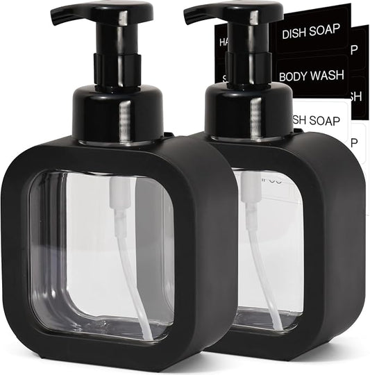 Foaming Soap Dispenser, 2 Pack 300ml (10oz) Plastic Refillable Foaming Hand Soap Dispenser with 16 Pcs Waterproof Labels, Foam Pump Bottle for Bathroom and Kitchen (Black)