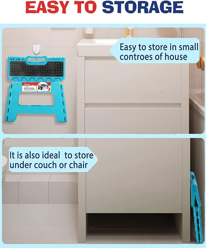 Folding Step Stool 9 Inch, Non-Slip Surface Stool for Kids, Dot Blue | Heavy Duty Foldable Stools, Lightweight, Holds 300 lb, for Toddler Kitchen Bathroom Bedroom Outdoor, Collapsible with Handle