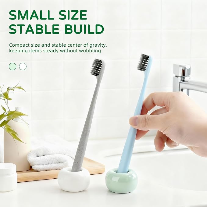 2Pcs Ceramic Toothbrush Holders for Bathrooms Countertop Toothbrush Holder Single Mini Toothbrush Holder Pen Holder Razor Holder Bathroom Tooth Brush Holder Toothbrush Stand (Green+White)