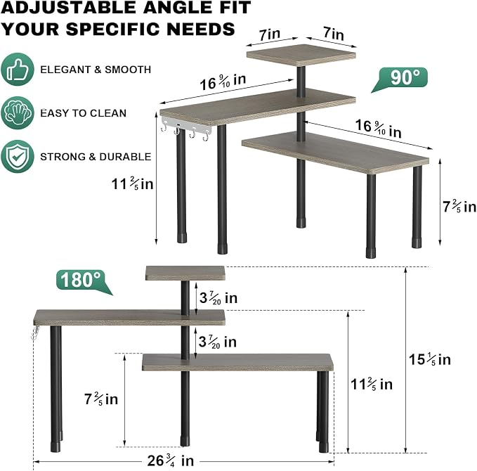 ZHWS Kitchen Countertop Organizer, Bathroom Counter Organizer, Adjustable 3 Tier Corner Shelf with 4 Metal Hooks for Counter Organize, Spice Rack, Makeups, Coffee Station Bookshelf (Rustic Grey)