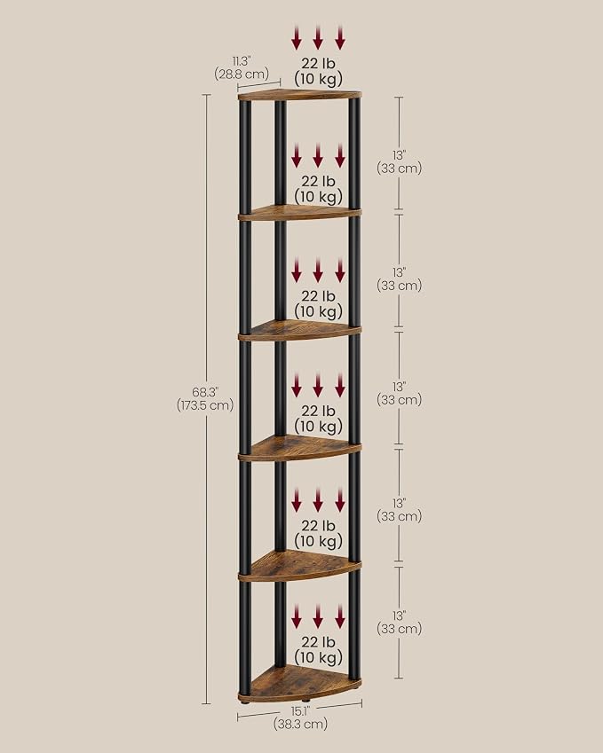 VASAGLE Corner Shelf, Superfast Toolless Assembly, 6-Tier Corner Standing Shelf, Corner Shelf Stand, Living Room, Bedroom, Kitchen, 15.1 x 10.6 x 68.3 Inches, Rustic Brown ULBC660KD02