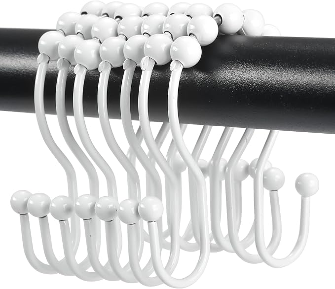 Shower Curtain Hooks, OEH Shower Curtain Rings, White Shower Curtain Hooks Rust Proof, Smooth Gliding Metal Shower Curtain Rings Rust Proof, Double Shower Rings for Curtain, 12 Pcs, White