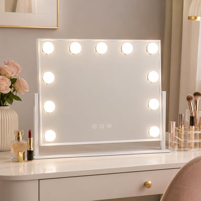 FENNIO Lighted Vanity Mirror, 15.6" x 12.7", 11 LED Bulbs, 360° Rotation | Horizontal 11-light vanity mirror with 360° rotation, wider viewing angle, and white desk-friendly design.