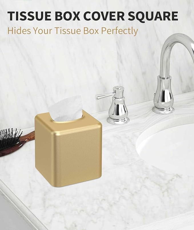 Livelab Tissue Box Cover, Square Metal Tissue Box Holder Modern Decor Facial Napkin Holder Tissue Box Dispenser for Bathroom Vanity Countertop, Living Room, Bedroom, Office - Gold