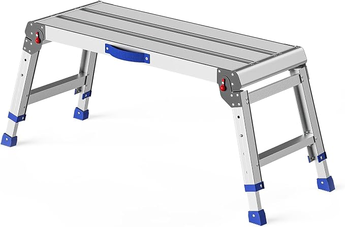 Folding Work Platform for Adults, Portable Aluminum Step Stool 800lb | 14"-19.5" Adjustable Height, 12" x 31.5" Wide Platform for Garage, Painting, Reach High Shelves, Gardening, Car Wash