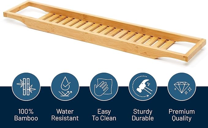 RoyalHouse Bamboo Bath Caddy Tray for Bathtub, with Book and Wine Glass Holder, Attractive Design, Suitable for Luxury Spa or Reading, Ideal Gift for Family & Friends (Pack of 2)