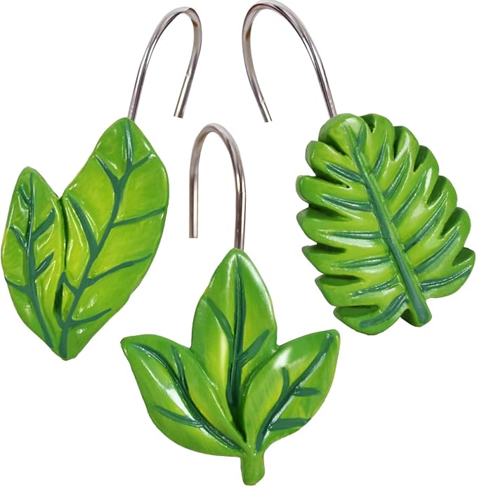 12-Piece Green Leaves Leaf Shower Curtain Hooks for Bathroom | Decorative Shower Curtain Hooks, Stainless Steel Shower Hangers Rings