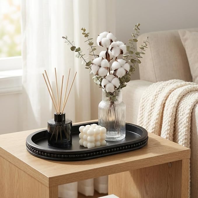 Hanobe Black Decorative Trays for Living Room Coffee Table, Beaded Edge | 15" Oval Wood Farmhouse Table Centerpiece for Kitchen Dining Entryway