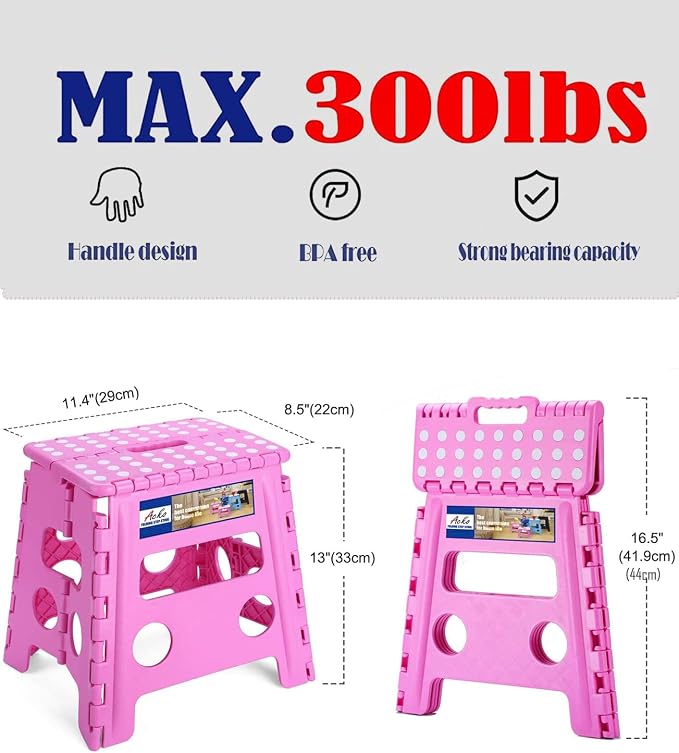 ACKO Folding Step Stool - 13 inch Height Premium Heavy Duty Foldable Stool for Kids and Adults, Kitchen Garden Bathroom Stepping Stool (Pink) | Heavy Duty Collapsible Foot Stepping Stool, Holds 300 lbs Non-Slip for Kids Kitchen Bathroom Outdoor, with B...