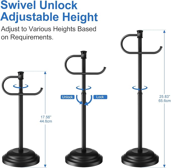 RUMOSE Toilet Paper Holder Stand for Floor Free Standing, Black | Bathroom Freestanding Toilet Tissue Roll Holder with Storage, Adjustable 17-25 Inch, Rustproof, SUS304 Stainless Steel