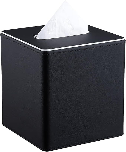 Leather Tissue Box Cover – Square Modern PU Leather Tissue Holder, Cube Tissue Dispenser for Home, Office, Bedroom, Bathroom – Elegant Minimalist Style (Black-Square)